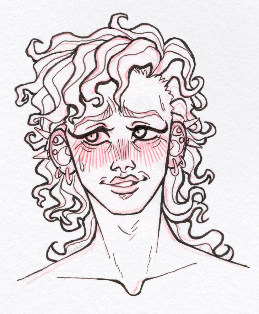 traditional art - a red pencil + black fineliner pen sketch of a character design. the character has a messy curly mullet, many earrings, and an embarrassed facial expression.