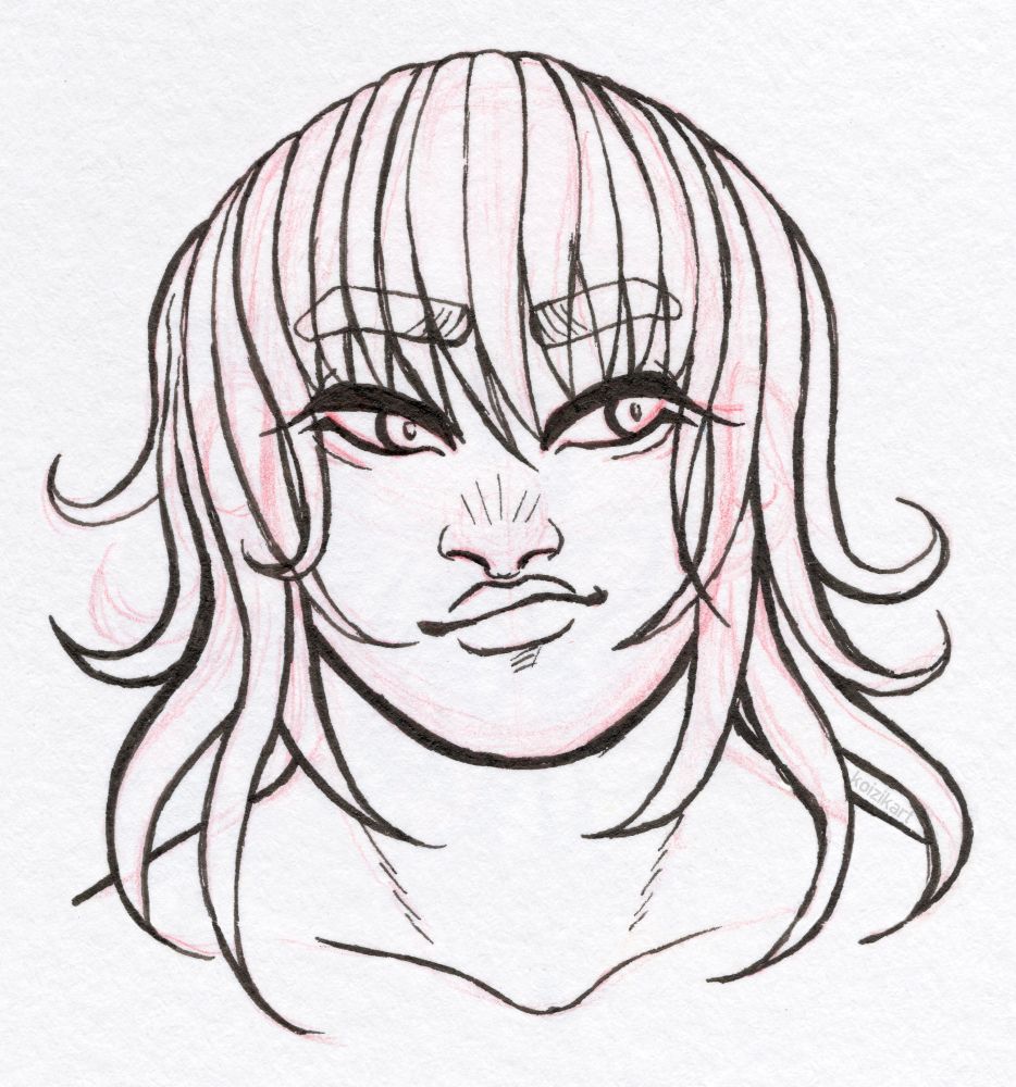 traditional art - a red pencil + black fineliner pen sketch of a character design. the character has a round face, long bangs, and semi-wavy shoulder-length hair.