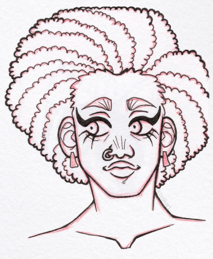 traditional art - a red pencil + black fineliner pen sketch of a character design. the character has a big fluffy afro, big eyeliner makeup, and a nostril piercing and earrings.