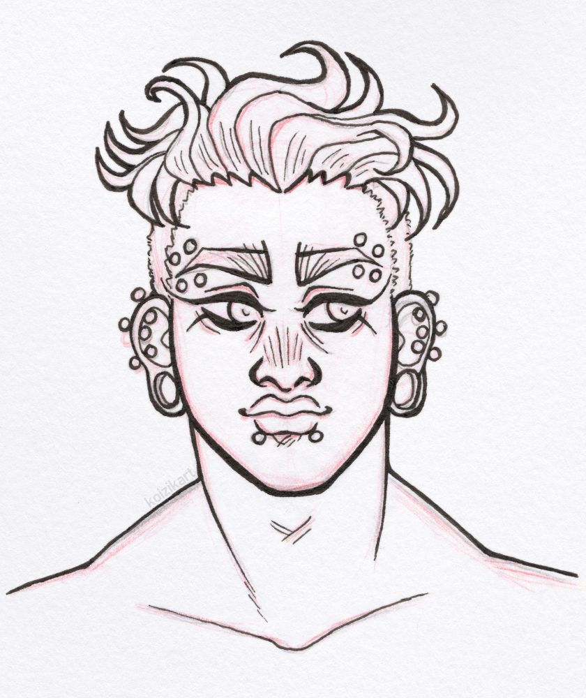 traditional art - a red pencil + black fineliner pen sketch of a character design. the character has short messy hair, bushy eyebrows, and many ear and facial piercings.