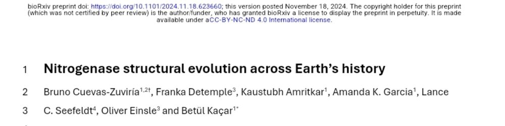 A screenshot of the preprint title "Nitrogenase structural evolution across Earth's history" by authors Bruno Cuevas-Zuviria, F Detemple, K Amirtkar, AK Garcia, LC Seedfeld, and B Kaçar