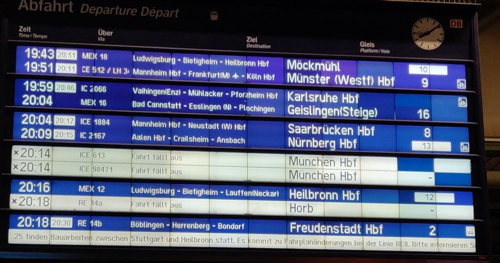 Abfahrtstafel am Hauptbahnhof Stuttgart an einem Mittwochabend. Von 11 Einträgen sind bei 10 Abweichungen vermerkt: Ausfall, Verspätung, Gleisänderung... 