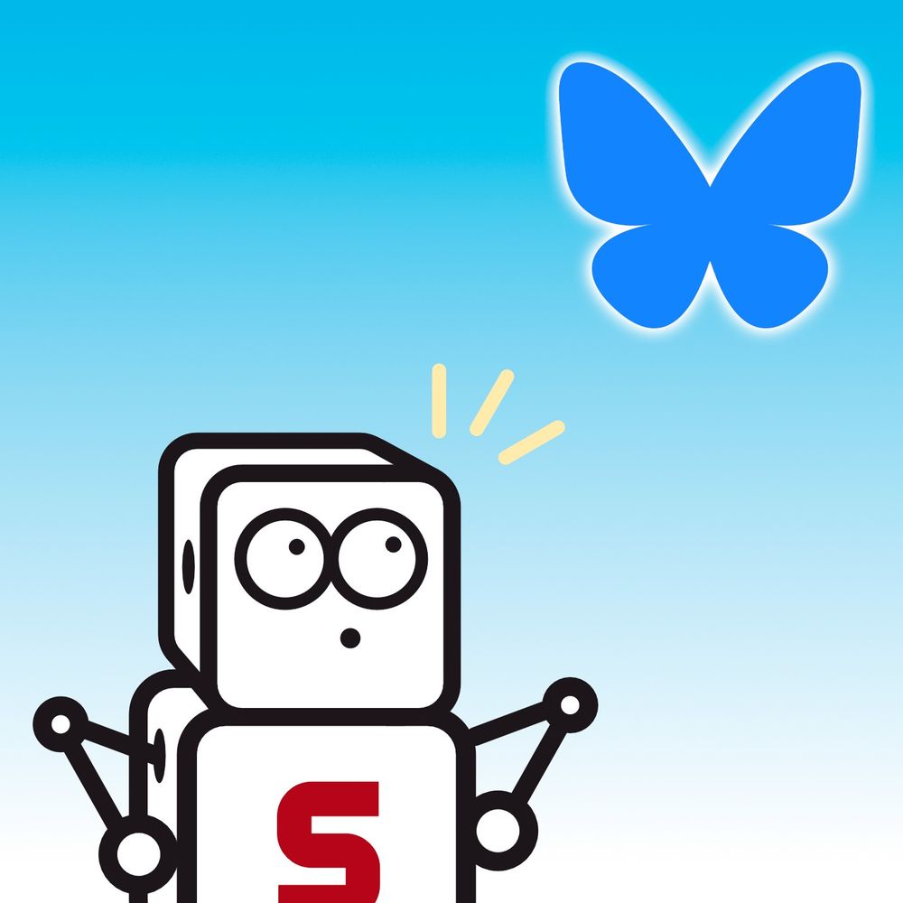 La mascotte de S[cube], un petit robot nommé Scubo, suit des yeux le papillon logo de Bluesky. 