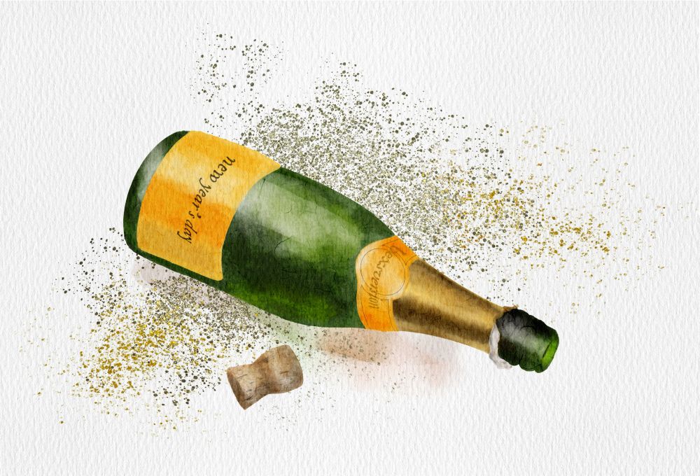 watercolor illustration of an empty champagne bottle on the floor labeled “new year’s day” 