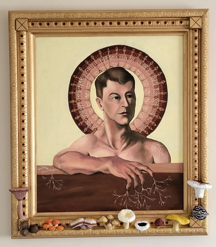 Icon of Umwelt. An unclothed saint with a halo composed of the nerves of an eye. Mycelium grows into or out of his fingers and the wood upon which his arm rests. Mycelium is further visible through his bare skin. A gold frame encircled with many small red eyes grows a plethora of local mushrooms from its base.
