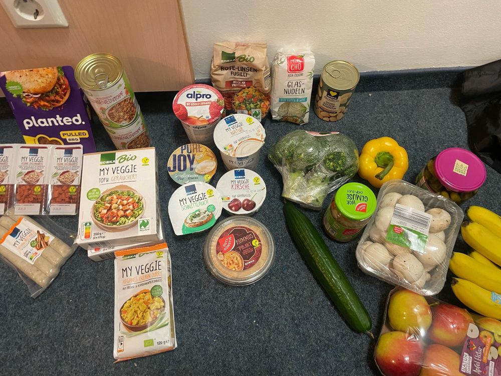 Ein Wocheneinkauf liegt auf dem Boden. von links nach rechts: Planted pulled bbq, my veggie baconwürfel, my veggie vegane Bratwurst, 2 pack tofu, 2 Dosen Veganer Linseneintopf, my veggie veganes chicken curry, hummus pikant, große Packung alpro Himbeere Apfel, Hafer Joghurt Natur, Hafer Joghurt Kirsche, Gries Pudding vegan, my veggie schnittlauch Aufstric, rote Linsen fusilli, Glas Nudeln, Brokkoli, Gurke, weiße Champignons, wok Gemüse im Glas, 1 gelbe Paprika, 7 Bananen, 6 Äpfel, Dose weiße Riesen Bohnen 