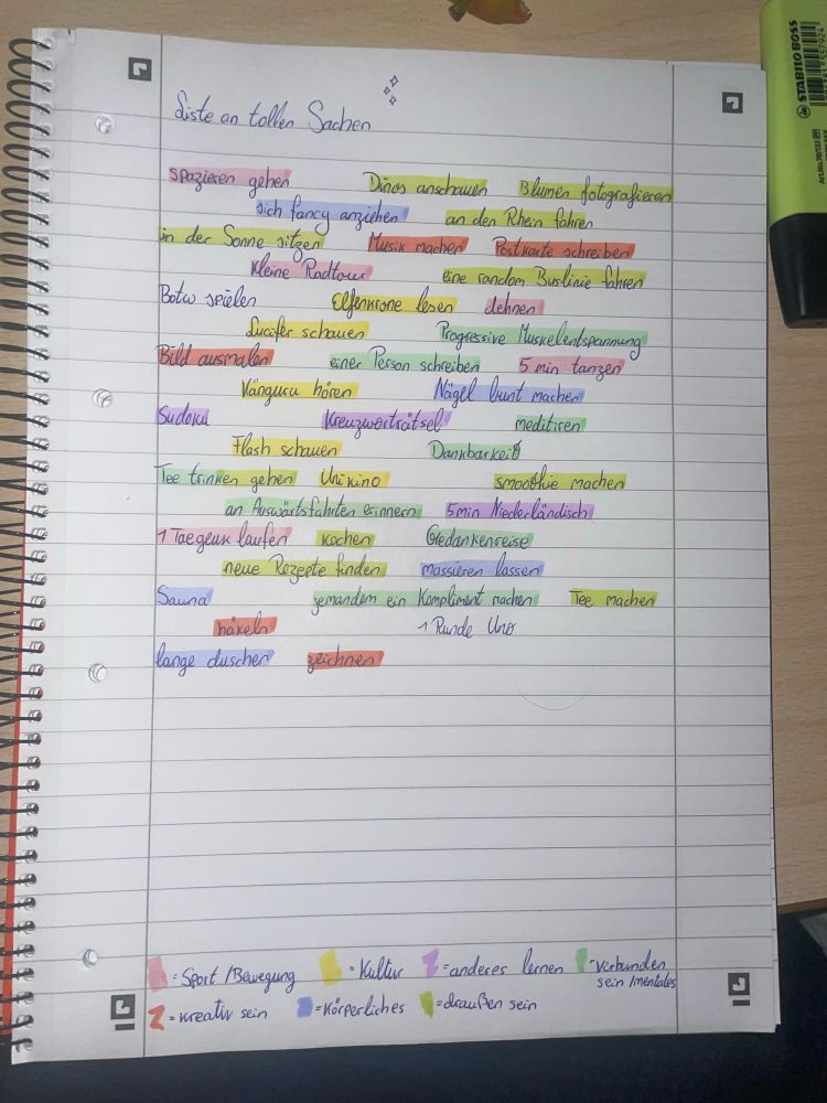 Eine Liste auf einem collegeblock 

Pink angestrichen sind Sport und bewegungs Themen : spazieren gehen, kleine Radtour, dehnen, 5 min tanzen, 1 taegeuk laufen

Gelb ist Kultur: elfenkrone lesen, lucifer schauen, Känguru hören, Flash schauen, unikino

Lila ist anderes lernen: Sudoku, Kreuzworträtsel, 5 min Niederländisch

Türkis ist verbunden sein/mentales: Progressive Muskel Entspannung, einer Person schreiben, meditieren, Dankbarkeit, Tee trinken gehen, an auswärts Fahrten erinnern, gedankenreise, jemandem ein Kompliment machen

Orange ist kreativ sein: Musik machen, Postkarte schreiben, Bild ausmalen, häkeln, zeichnen

Lavendel ist körperliches: Nägel bunt machen, massieren lassen, Sauna, lange duschen

Grün ist draußen sein: dinos anschauen, Blumen fotografieren, in der Sonne sitzen, an den Rhein fahren, eine Random Buslinie nehmen

Fälschlicher Weise grün sind: neue Rezepte finden, kochen, Tee machen und Smoothie machen. 

Unmarkiert: Botw spielen und 1 runde Uno 