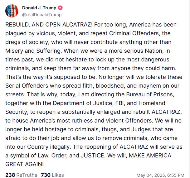 A social media post from Donal Trump announcing plans to reopen Alcatraz