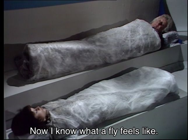Jon Pertwee episode. The Doctor and Sarah Jane are in a room in the far future, and you can tell, because everything is plain and shiny gray. Two flat boxy shelves protruding from the walls are shaped vaguely like beds. They’re lying down, encased in what’s supposed to be spiderwebs, cocooning them. Caption reads, “Now I know what a fly feels like.”