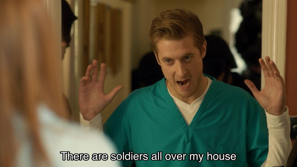 Matt Smith episode. Rory Pond is storming into his kitchen, wearing the top half of his nursing scrubs and underwear. Soldiers are everywhere, inexplicably, along with Amy Pond and the Doctor. Rory says, “There are soldiers all over my house and I’m in my pants.” The Doctor is looking down and smiling (suspicious) and Amy says, “My whole life, I've dreamed of saying that, and I miss it by being someone else.”
