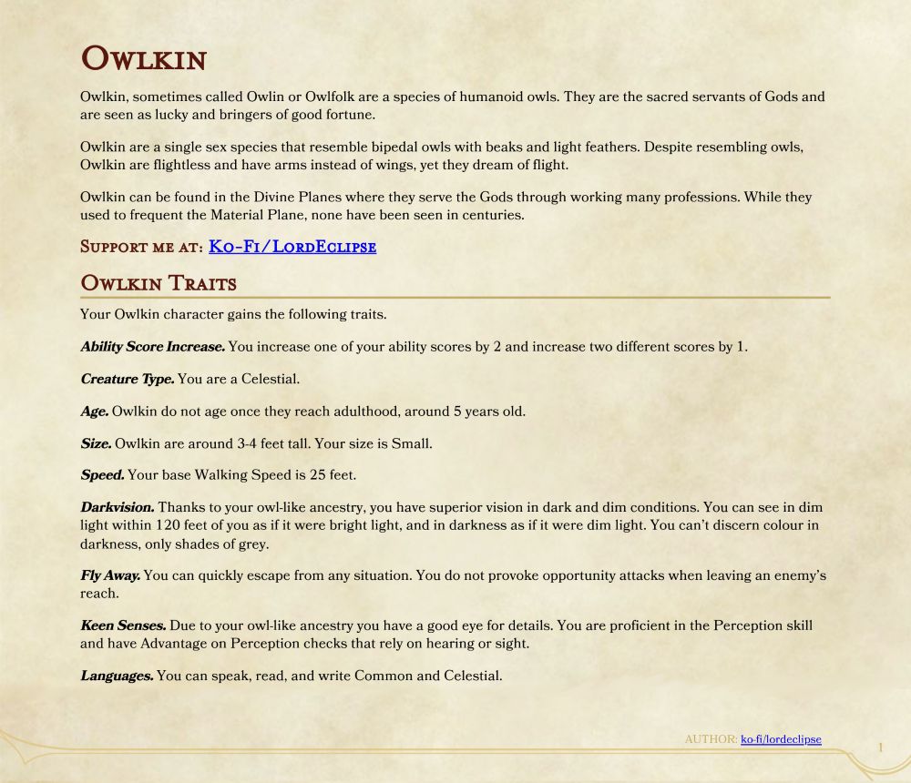 The Owlkin species for 5e D&D by LordEclipse. Please feel free to message me for a full transcript :) 