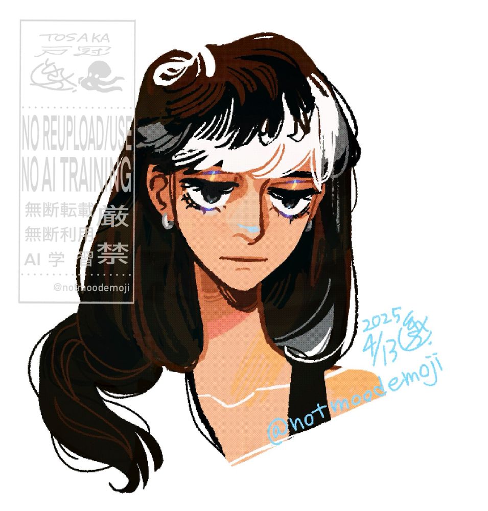 創作『アイキャントハグ』にでてくるジルダのデジタルイラスト。

バストアップの構図。右肩に豊かな長い髪が緩やかに乗っています。