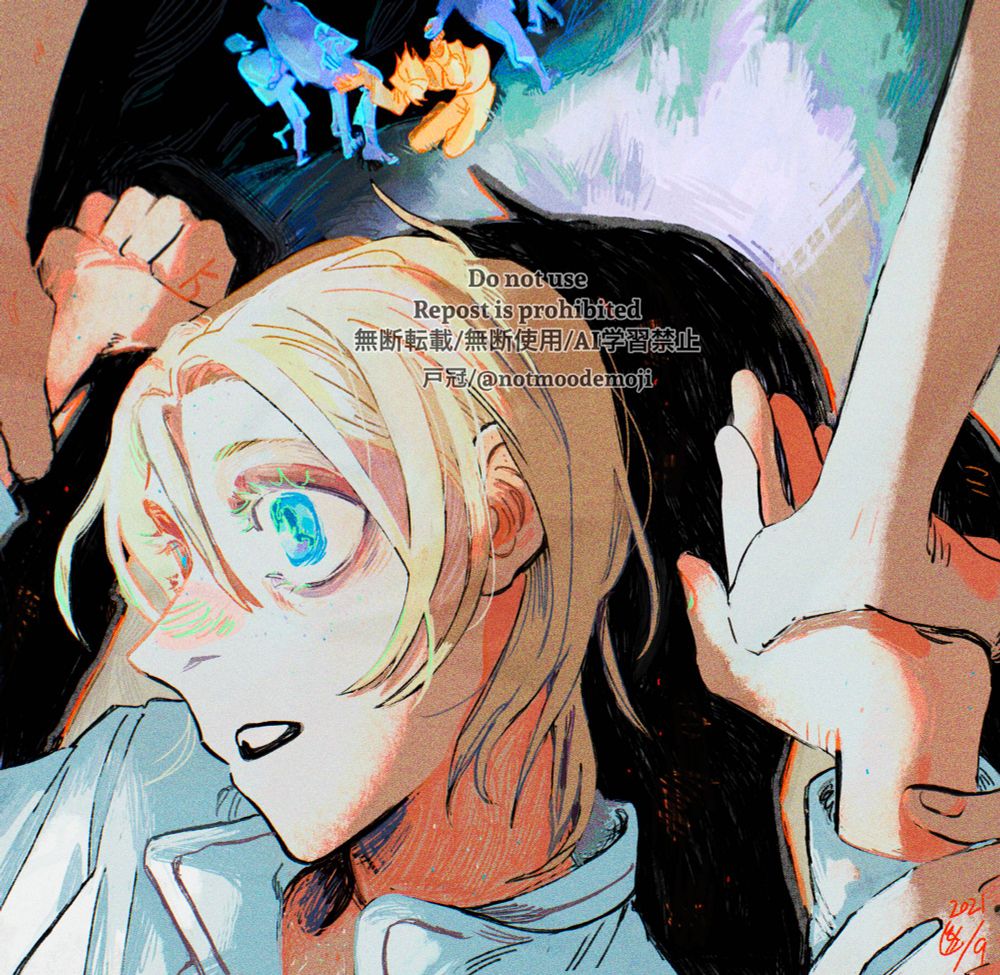 2021年9月頃に制作したデジタルイラスト
私の創作『眠れない人』のイラストです。

暗い屋敷の中で懐中電灯を当てられたように、壁に追いやられ何者かに腕を掴まれて床にへたりこんでいる人物が描かれています。

描かれた人物はこの創作の主人公で、驚いたような目を見開いた表情をしています。

強い光を当てられて、主人公の弱々しいブロンドの髪や、水色の瞳、ソバカスだらけの肌があらわに浮き彫りになっています。

主人公が背中を付けてる、壁であるはずの壁面には、草原が広がっていて、遠くの方でそこでも主人公と思しき人が、何人かに手を掴まれてぐるぐるとえんをかいて踊らされています。