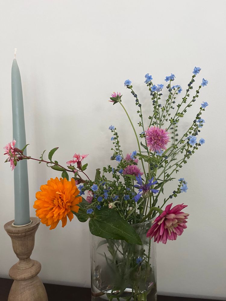 Bouquet of small pink, blue, and orange flowers 