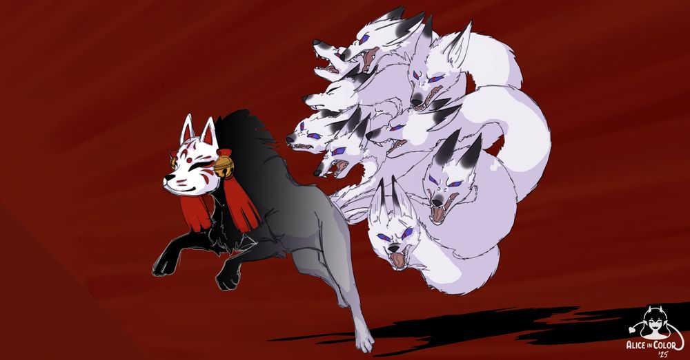 A kitsune- like monster with a mask and nine, very angry tails with fox heads on the ends
