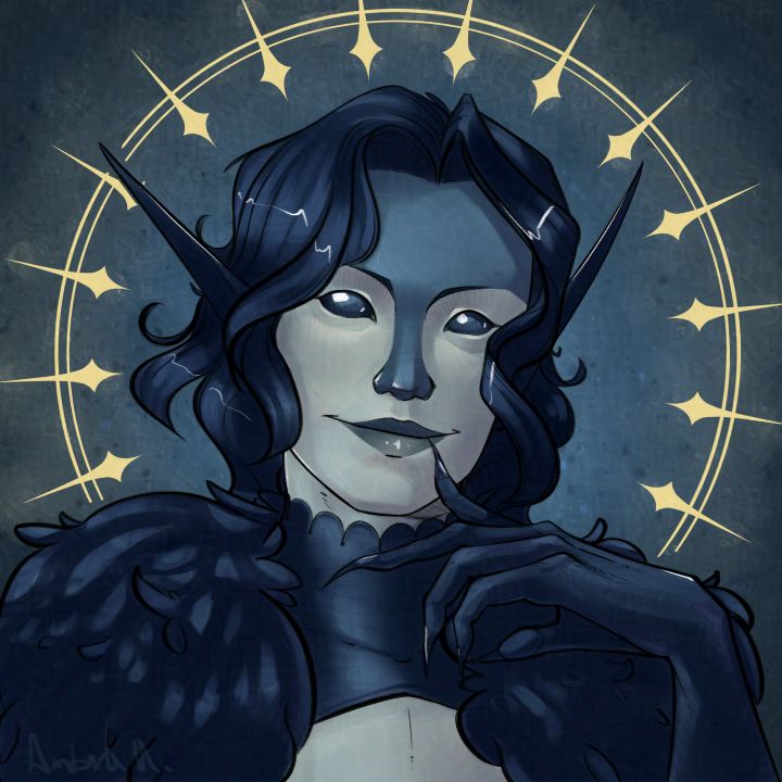 Digital portrait painting of Corwin, a pale skinned fae with a blue marking across his forehead and nose, beady black eyes, messy black hair, dark clawed hands, and wearing tight black clothing accented with a black feathery boa. The background is a simple blue gradient accented by a yellow "halo" if linework and elongated stars. 