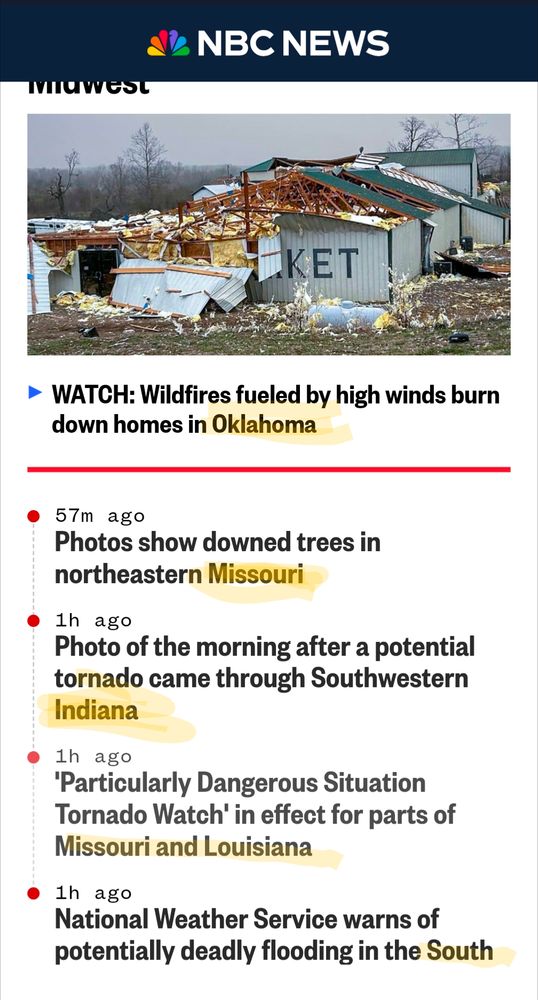 Screenshot of the NBC News headlines under Midwest. All of these news stories involve extreme weather in red States.