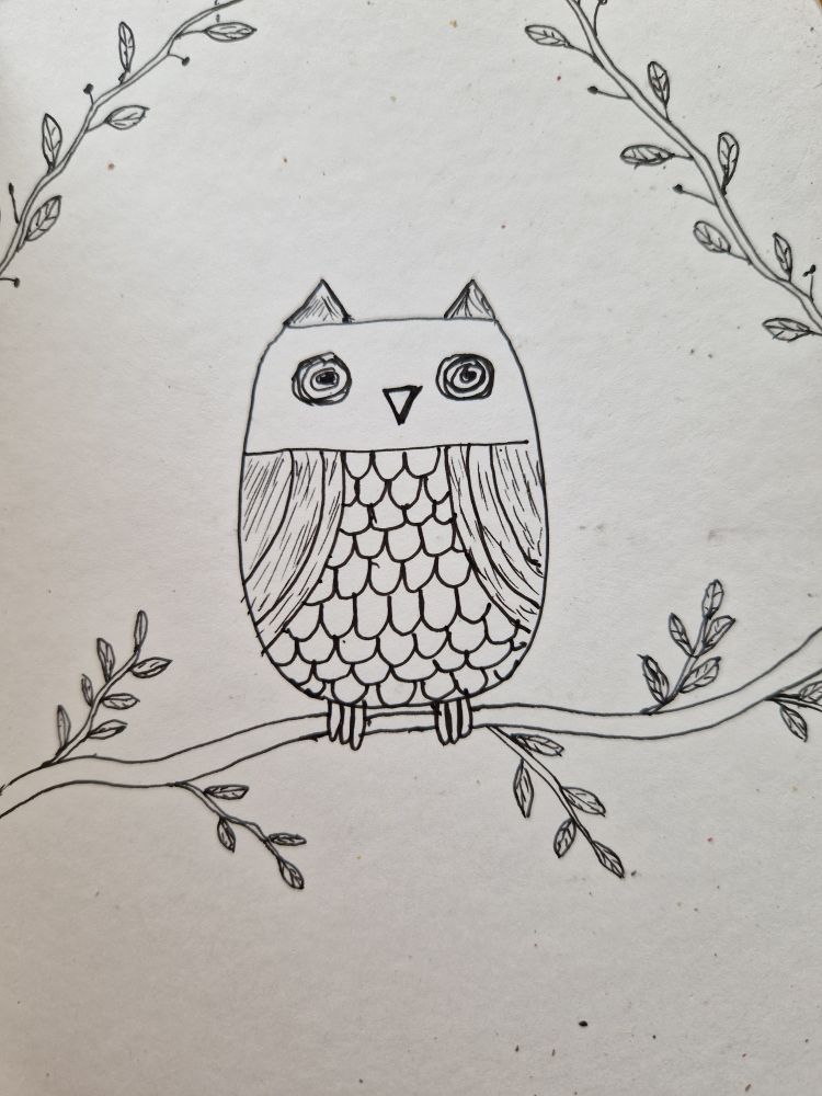 A stylized owl perched on a branch and with two branches above
 All in black pen