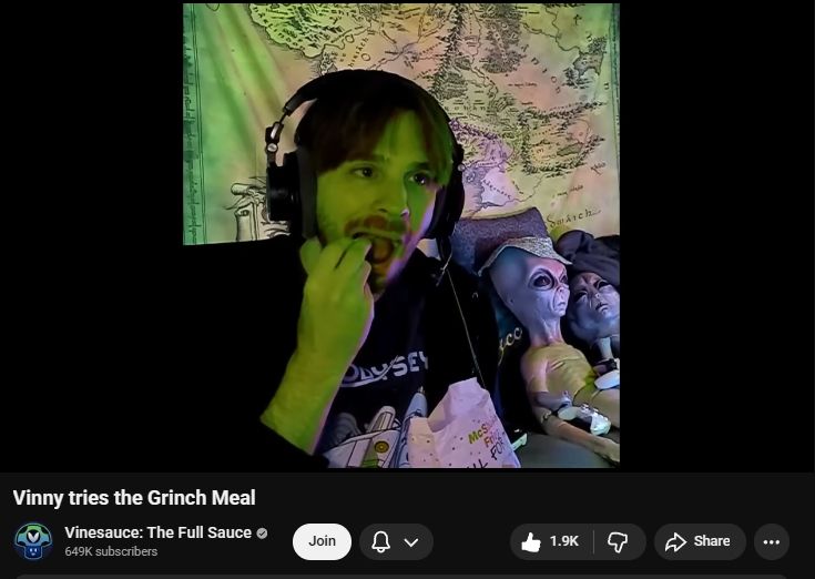 YouTube screenshot. Vinesauce Vinny tries the Grinch Meal