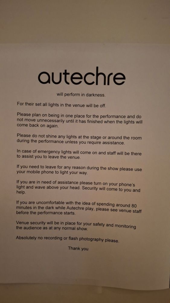 Autechre will perform in darkness disclaimer
