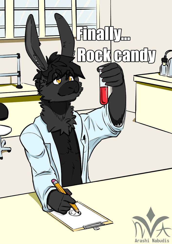 Black furred scientist rabbit examines his vial of rock candy he made