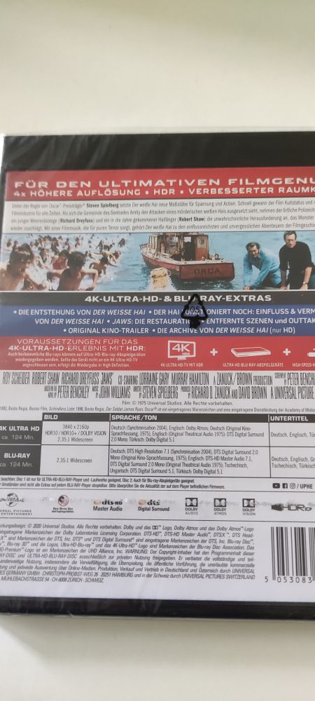 Backcover der UHD von Der weisse Hai mit Inhaltsangabe und Bonusmaterial 