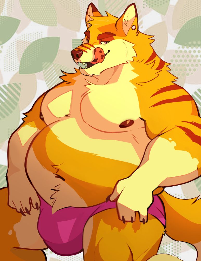 This is a pin-up illustration depicting an big-bodied yellow with stripes anthropomorphic fox in a stretched-out pink underwear. He's giving the viewer a very suggestive smirk.