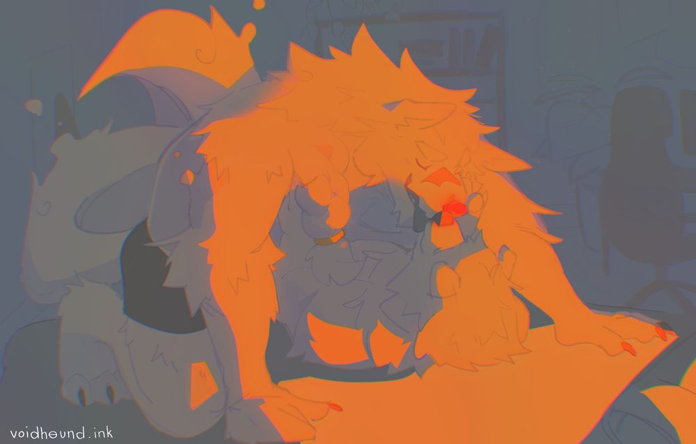 Two figures, white hounds sharing a soft kiss in the light of a sunset. The warm glow painting them both in a carefully.