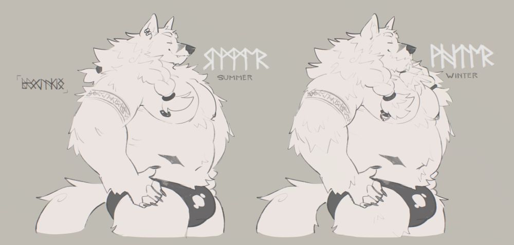 A concept draft of Val in his regular coat, as well as his extra fluffy winter coat next to it. There are three phrases written in Elder Futhark runes written in the back, showing off his tattoo which spells "Broken King", spelling the word "SUMMER", and then "WINTER" respectively.