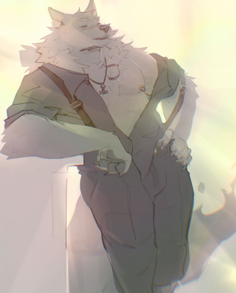 Val taking breather after running the bistro. He's trying to relax and enjoy the warm, abyssal lights. They've also got a candy cigarette in their mouth.