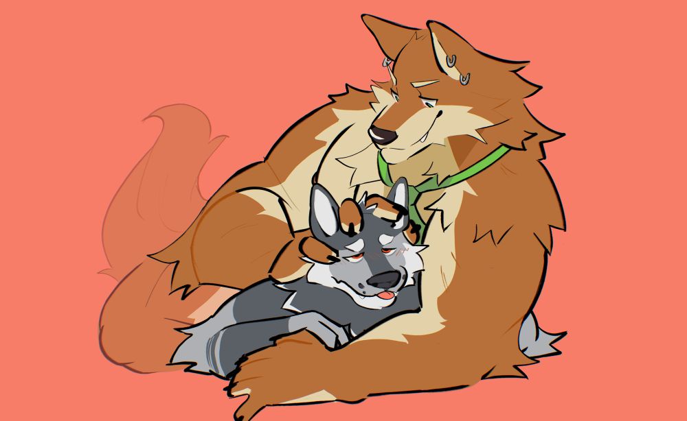Bamwuff squishing a slightly huffy pup underneath him. Infinite pink void behind them.