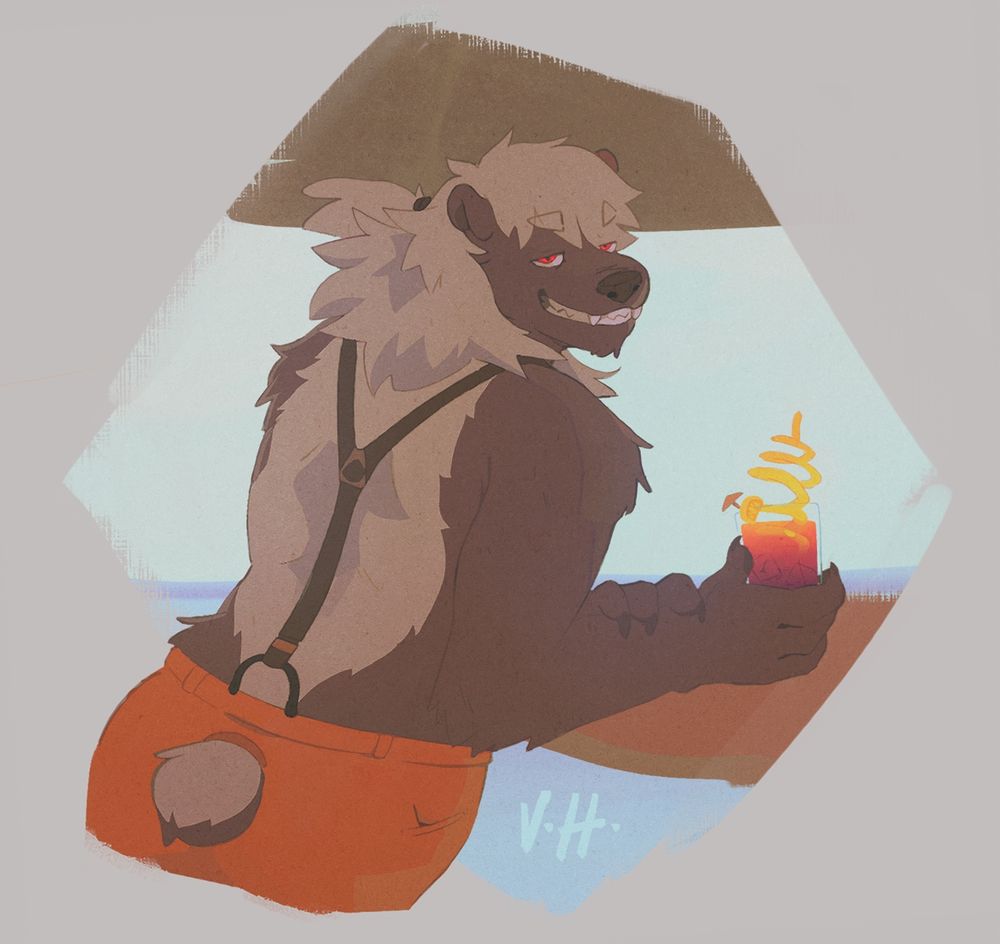 Illustrated depiction of Blast's character, Titus, holding a sunset-coloured drink in the shade. The backdrop is a somewhat foggy afternoon by the ocean.