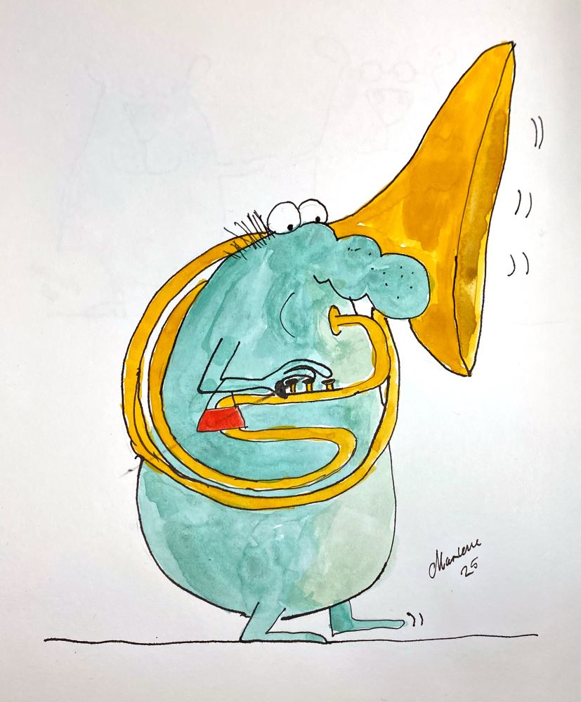 A drawing made with ink and watercolor of a green creature playing his tuba. He has a small red purse. 