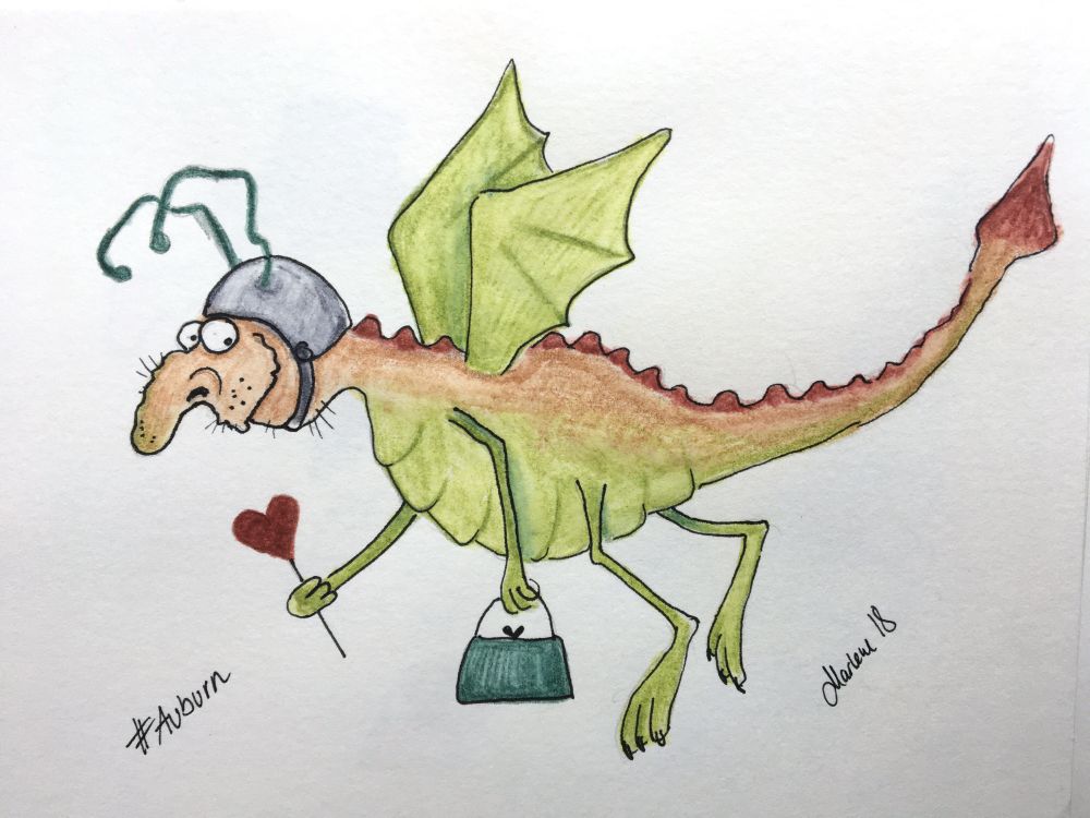 A pencil, ink, watercolour and colourpencil drawing of a fairy from outer space. She is green with a little purse.