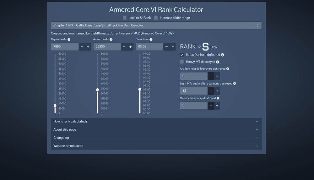 Screenshot of Armored Core VI Rank Calculator, showing some example costs for the Chapter 1 mission "Attack the Dam Complex"