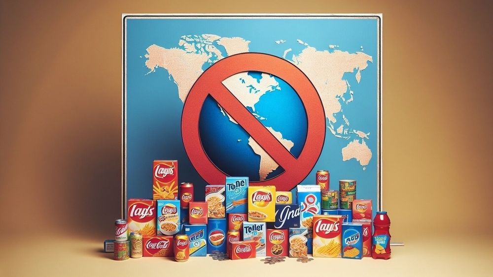 Imagen de una petición de Change.org llamando al boicot a productos estadounidenses por la postura de Trump en Ucrania en la que aparecen diversas marcas delante de un mapa del mundo con un prohibido delante del continente americano