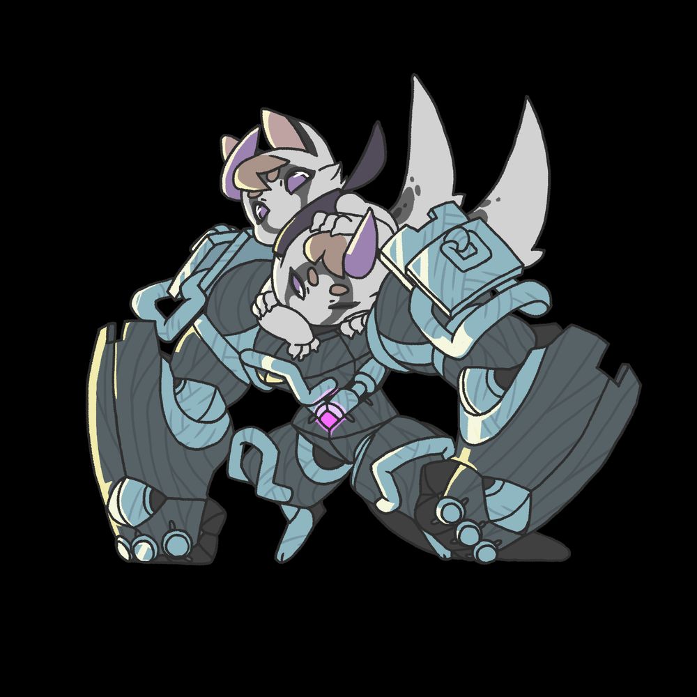 two white kobolds attempting to operate a magically powered mech suit