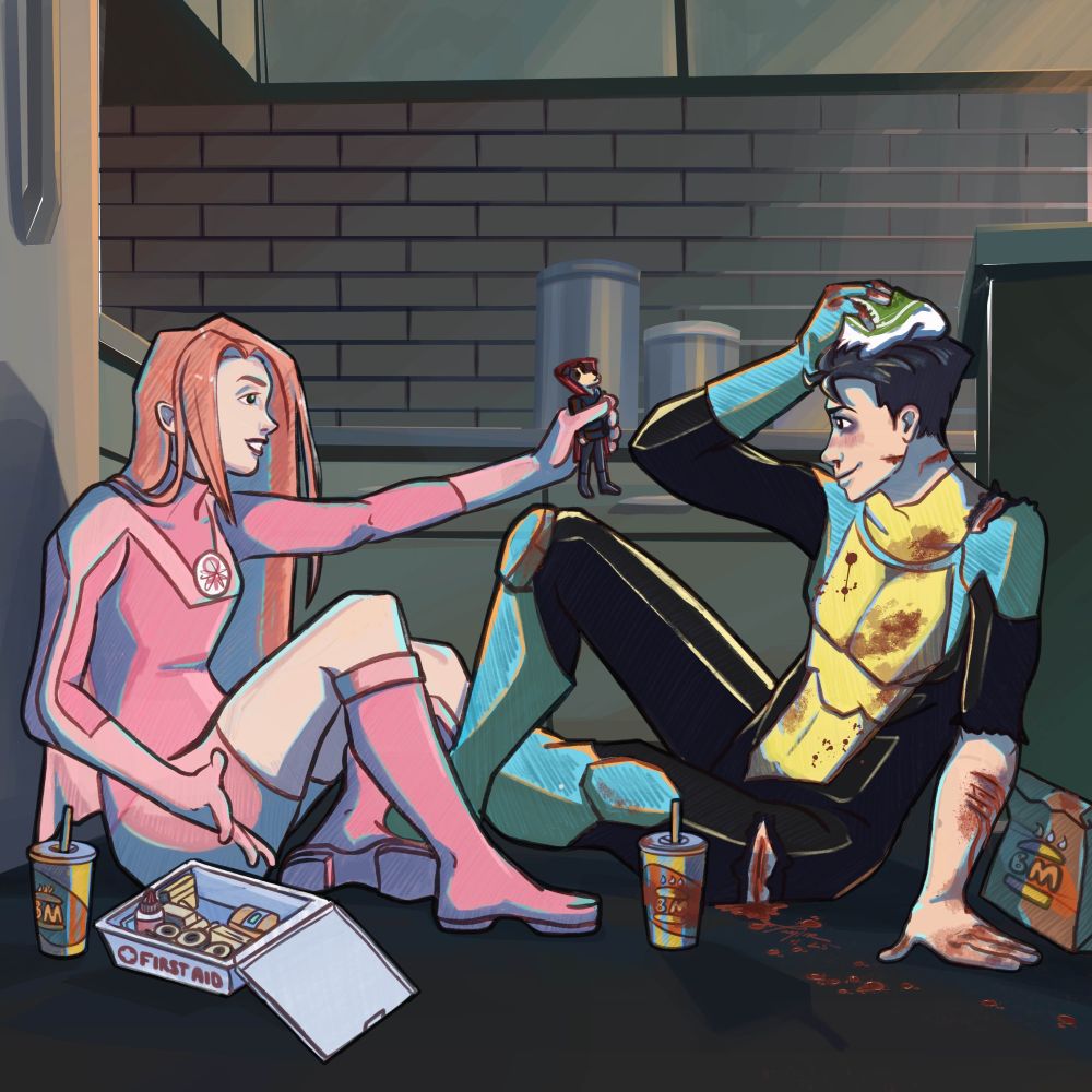 Art piece of Eve Wilkins (Atom Eve) and Mark Grayson (Invincible) sitting on the floor of the Grayson’s kitchen. Eve is in her pink hero suit, Mark is in his blue, black, and yellow suit. Marks mask is off, he has a black eye, a bloody nose and a cut on his cheek. He is holding a bag of frozen peas to his head. He has a cut on his neck, shoulder, and arm. His suit is bloody and the left glove is ripped off. His knuckles are bloody and there is a gash on his thigh that has dripped blood on the floor. Eve has an opened first aid kit next to her and is holding out an action figure of Seance Dog out to Mark in a questioning manner from finding it in the first aid kit. Each person has a Burger Mary drink next to them, marks has some blood on the side of the cup. Behind Mark is a Burger Mary takeout bag. The kitchen is a warm tone of Yellow and green depicting close to sunset.