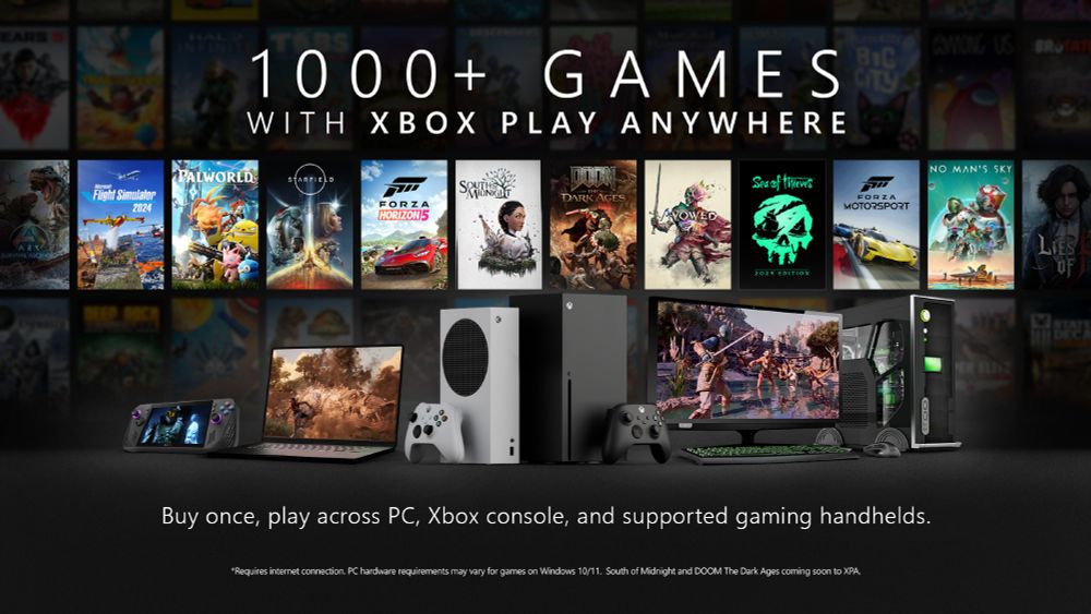 An ASUS ROG Ally, PC laptop, Xbox Series X and S consoles, and PC desktop sit in front of a grid of game box art. Headline above reads: "1000+ GAMES WITH XBOX PLAY ANYWHERE". Text below reads: "Buy once, play across PC, Xbox console, and supported gaming handhelds". Fine print reads: "*Requires internet connection. PC hardware requirements may vary for games on Windows 10/11. South of Midnight and DOOM The Dark Ages coming soon to XPA."