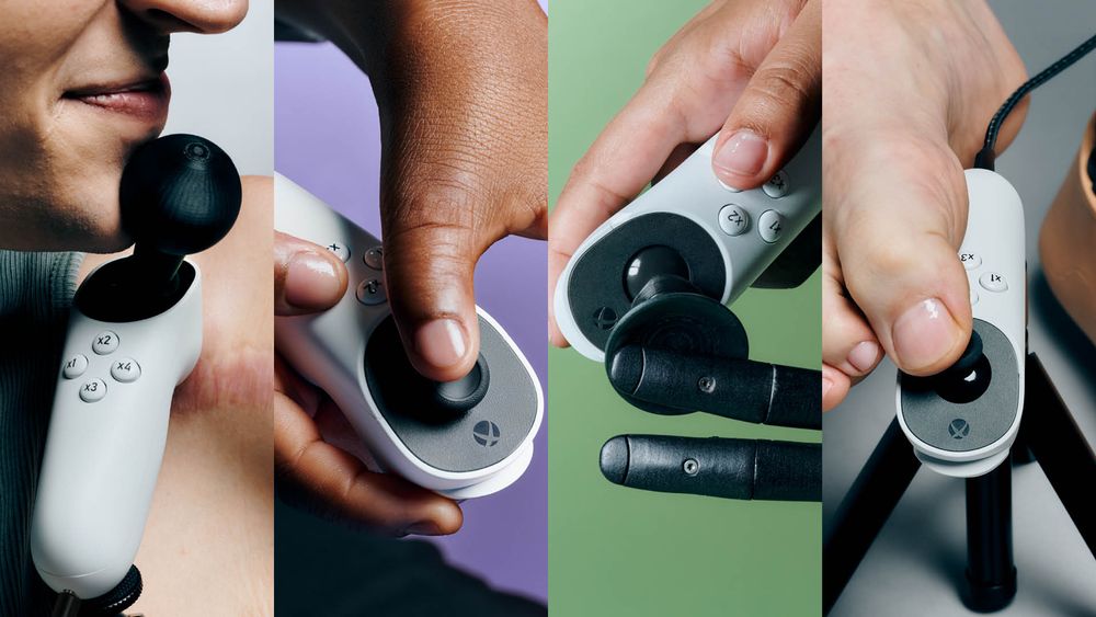 4 images side-by-side of the Xbox Adaptive Joystick and Adaptive Thumbstick Toppers being used by different parts of the body.