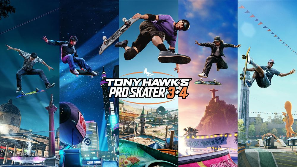Promotional art for Tony Hawk’s Pro Skater 3 + 4 featuring five panels showcasing various skateboarders performing tricks in iconic skate parks. The central panel displays the game’s title logo, with Tony Hawk mid-air in a grab trick. Each surrounding panel highlights different skating environments, from urban plazas and industrial zones to beachside ramps and nightscapes.
