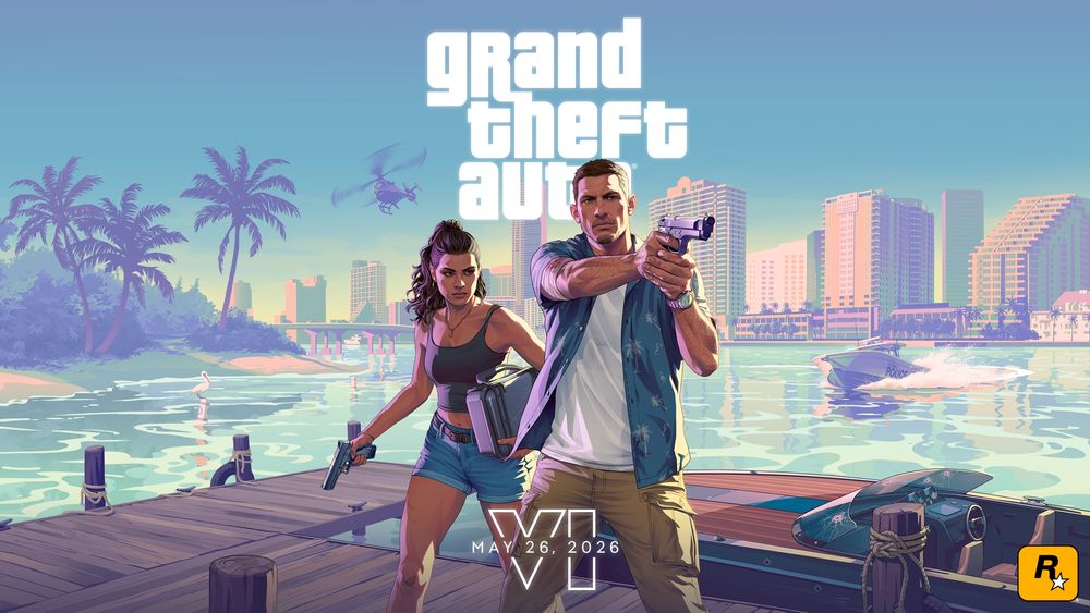 Key art for Grand Theft Auto VI, with a calm pastel blue and pink tone, showing the game's two protagonists, Lucia and Jason. Both characters, standing on a pier at the edge of the water have guns drawn, looking off to the distance. The Rockstar Logo appears in the Bottom right corner. 