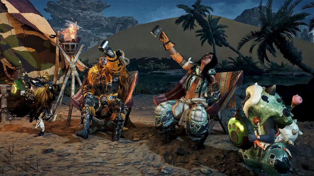 Two characters from Monster Hunter Wilds sit with cups in their hands extended upwards in a cheers-like motion.