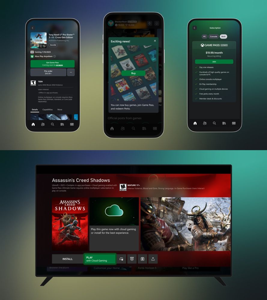 The image is split in half. The top half shows the updated Xbox app on mobile on three phones. The bottom half shows the stream your own game experience on console on a TV screen.