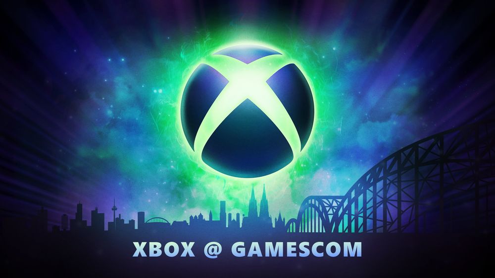 A glowing green Xbox nexus radiates energy at the center of a cosmic blue and green background. Below it is a silhouette of the Cologne, Germany skyline. The text reads "Xbox @ Gamescom."