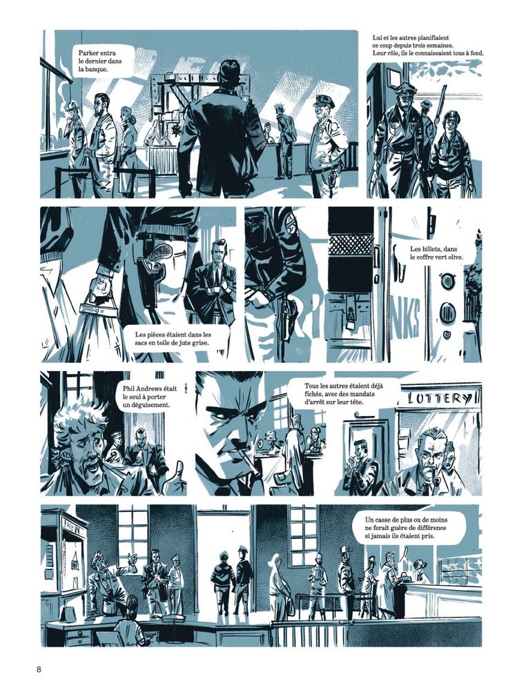 Multi-paneled page showing Parker and his accomplices entering the bank and assuming their planned roles and positions as they ready themselves for their heist.