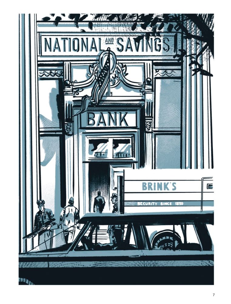 Splash page of the exterior of a bank, with a Brink's security truck parked in front.