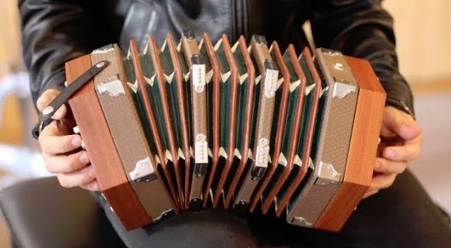 Close-up photo of a concertina (or squeeze box) held by a man with his fingers positioned on the buttons on the ends. Per Wikipedia, "A concertina is a free-reed musical instrument, like the various accordions and the harmonica. It consists of expanding and contracting bellows, with buttons (or keys) usually on both ends, unlike accordion buttons, which are on the front."
