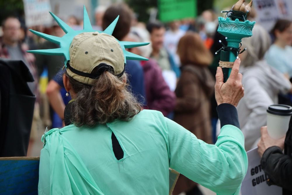 Protester dressed as Lady Liberty 