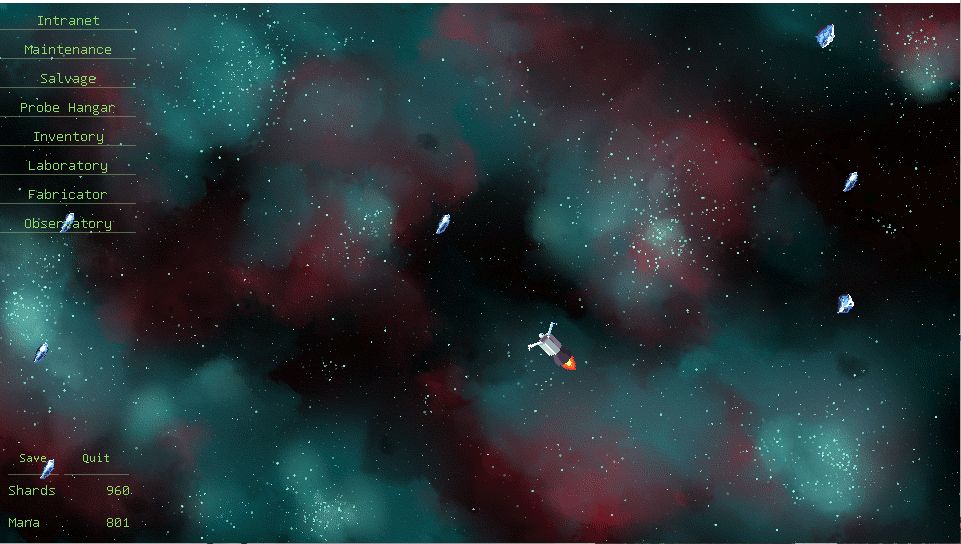 A pixel art gameplay image. It shows a player-controlled space probe and multiple shards of blue crystal floating in space.